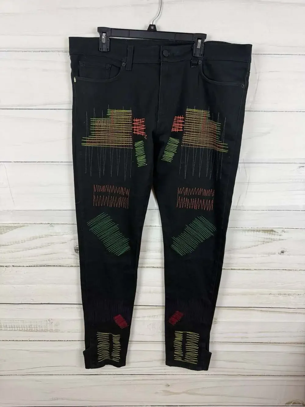 Golden Denim Black Slim Stitch Embroidered Patchwork Jeans Size 38